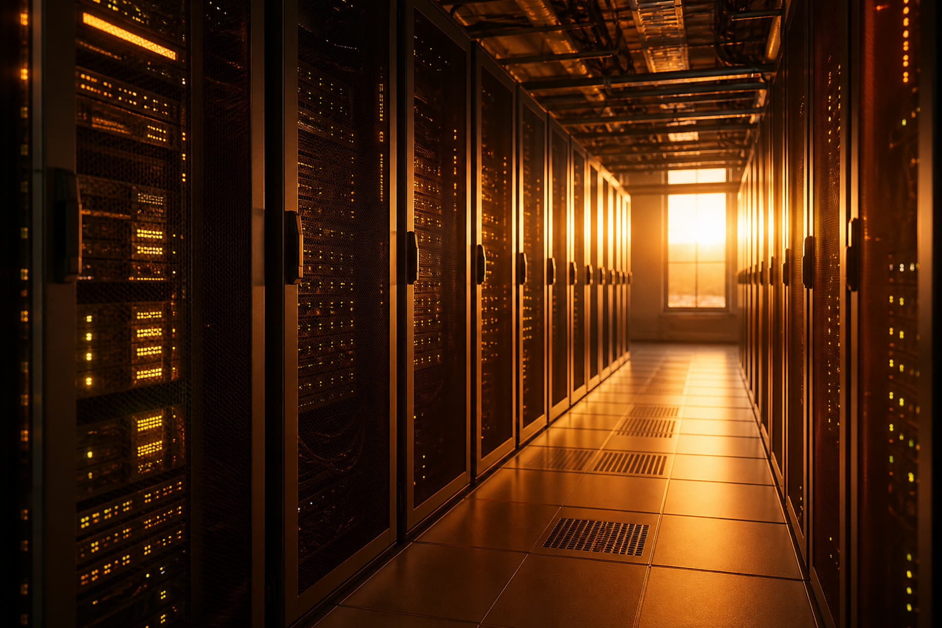 A server aisle in amber light, sun at the far window.