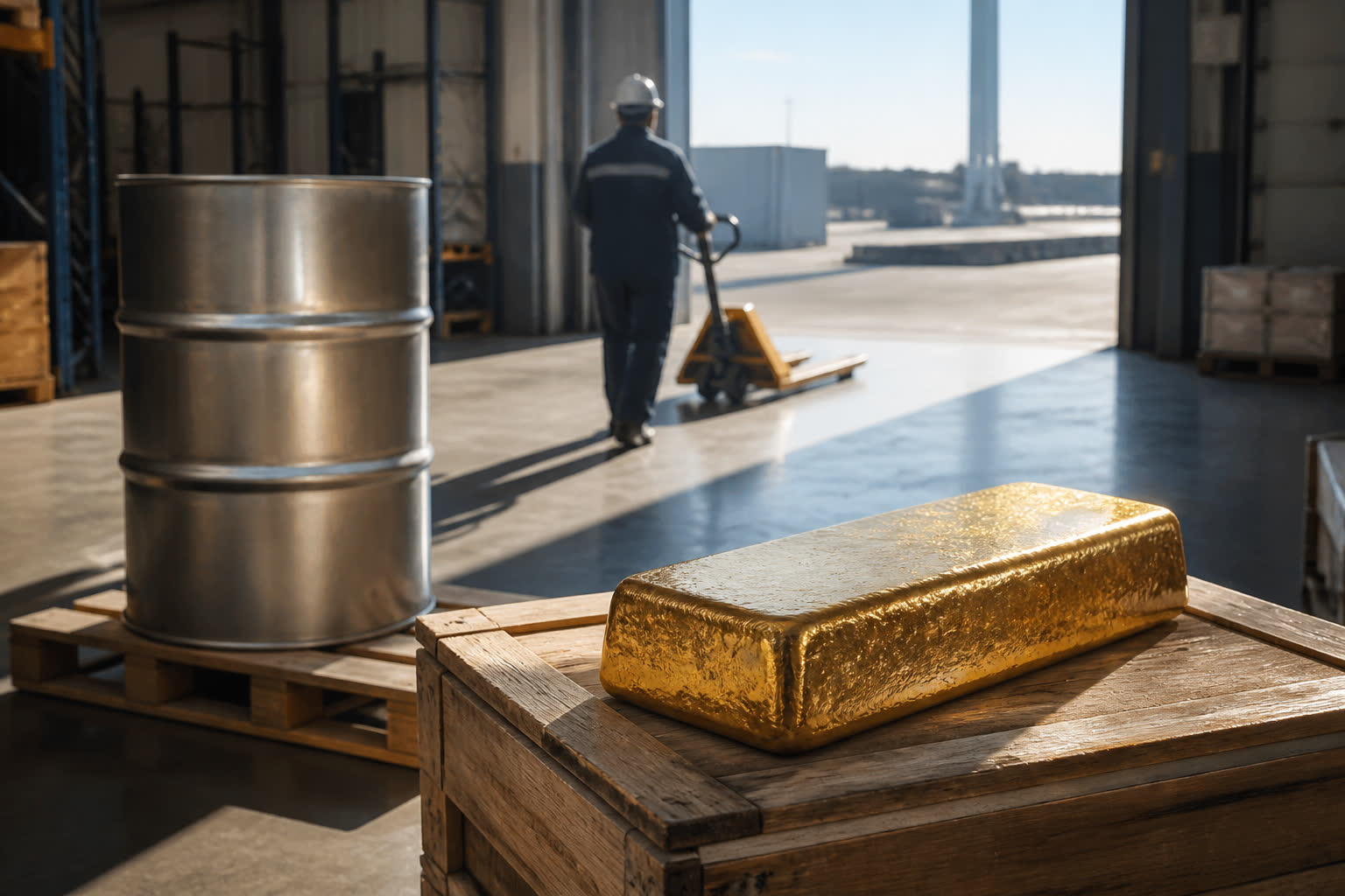 A metal ingot and a drum on a crate, a worker at the bay door.