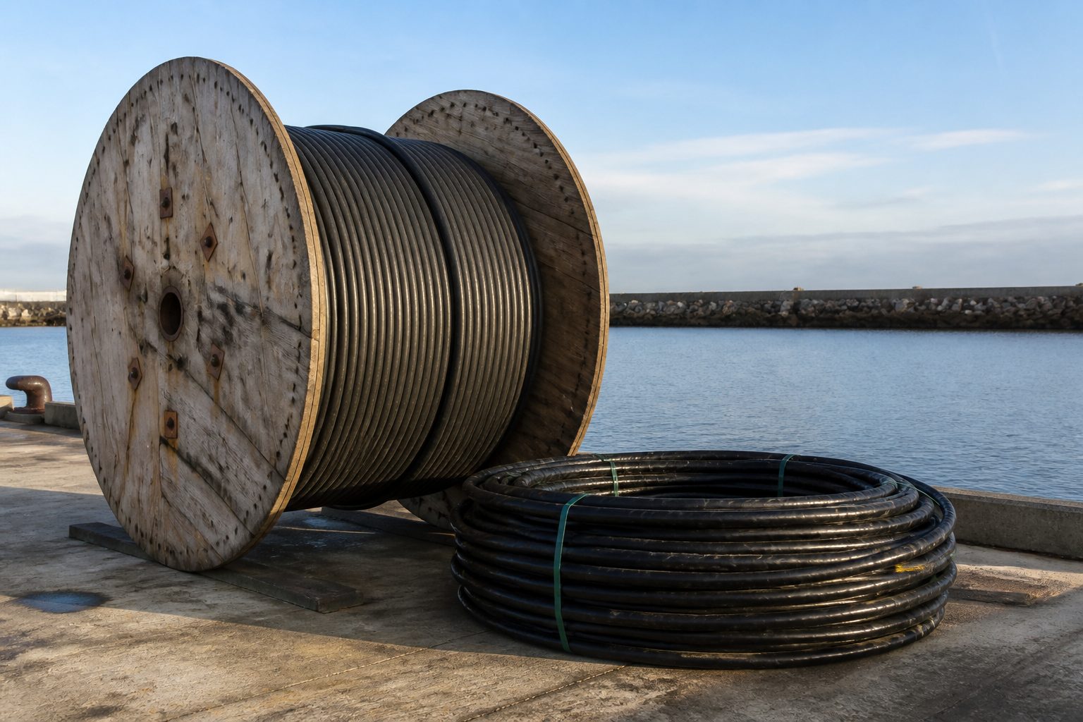 A cable reel on a quay in morning light.