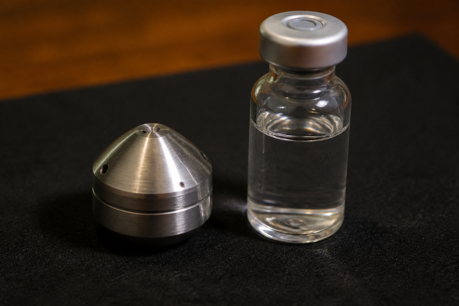 A metal return capsule beside a glass vial. The product is a nicer crystal, if it is a product.
