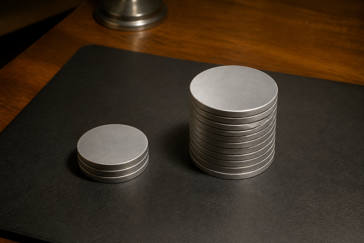 A small pile of discs next to a large one. 391 is not 10,000.