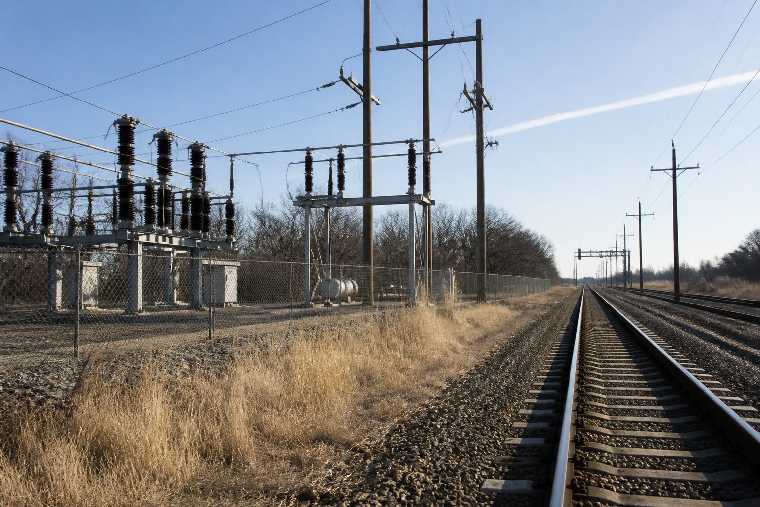 Freight rail beside a small substation in morning light.