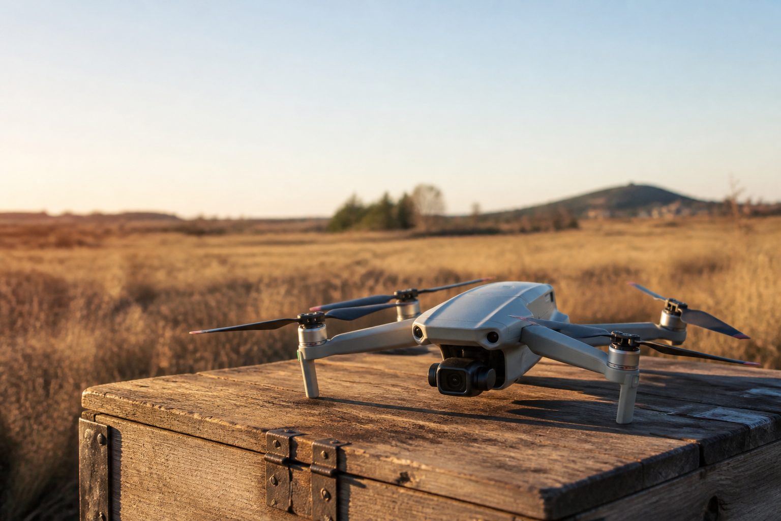 A small drone on a crate in morning light.
