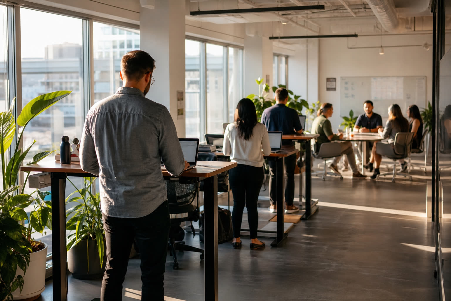 People at standing desks along a window in an office.