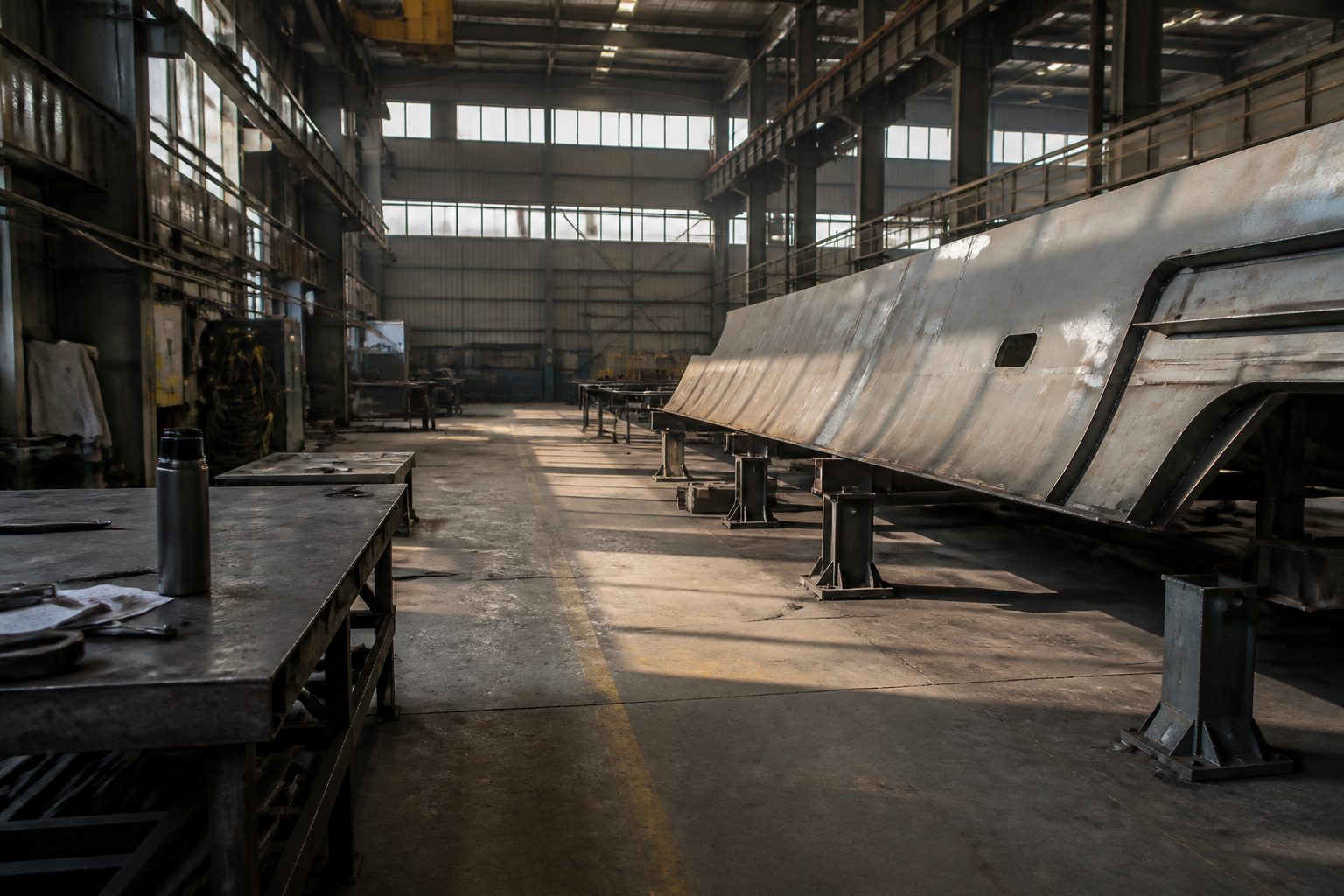 An empty factory aisle, a thermos on the bench, daylight in the windows.