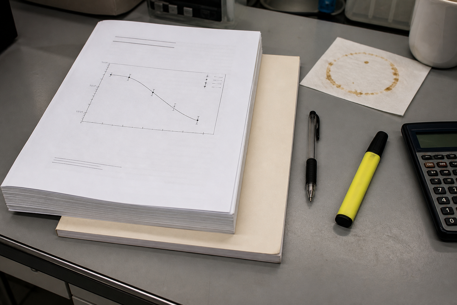 A stack of printed filings on a metal desk beside a highlighter.
