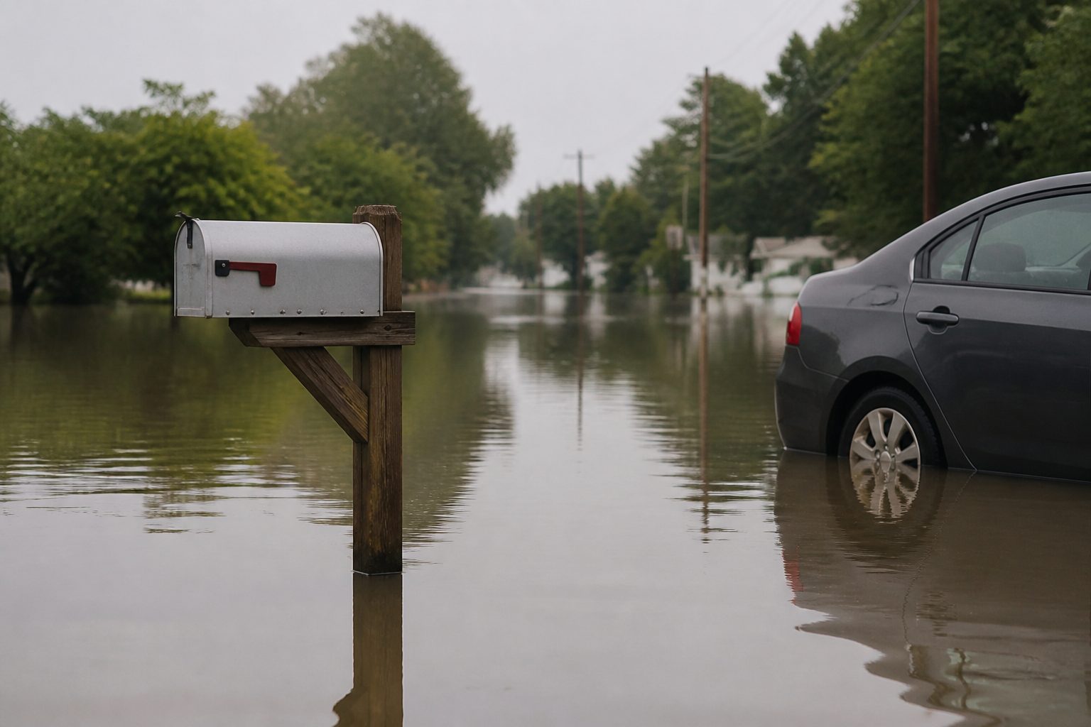 A mailbox standing in still floodwater on a suburban street.