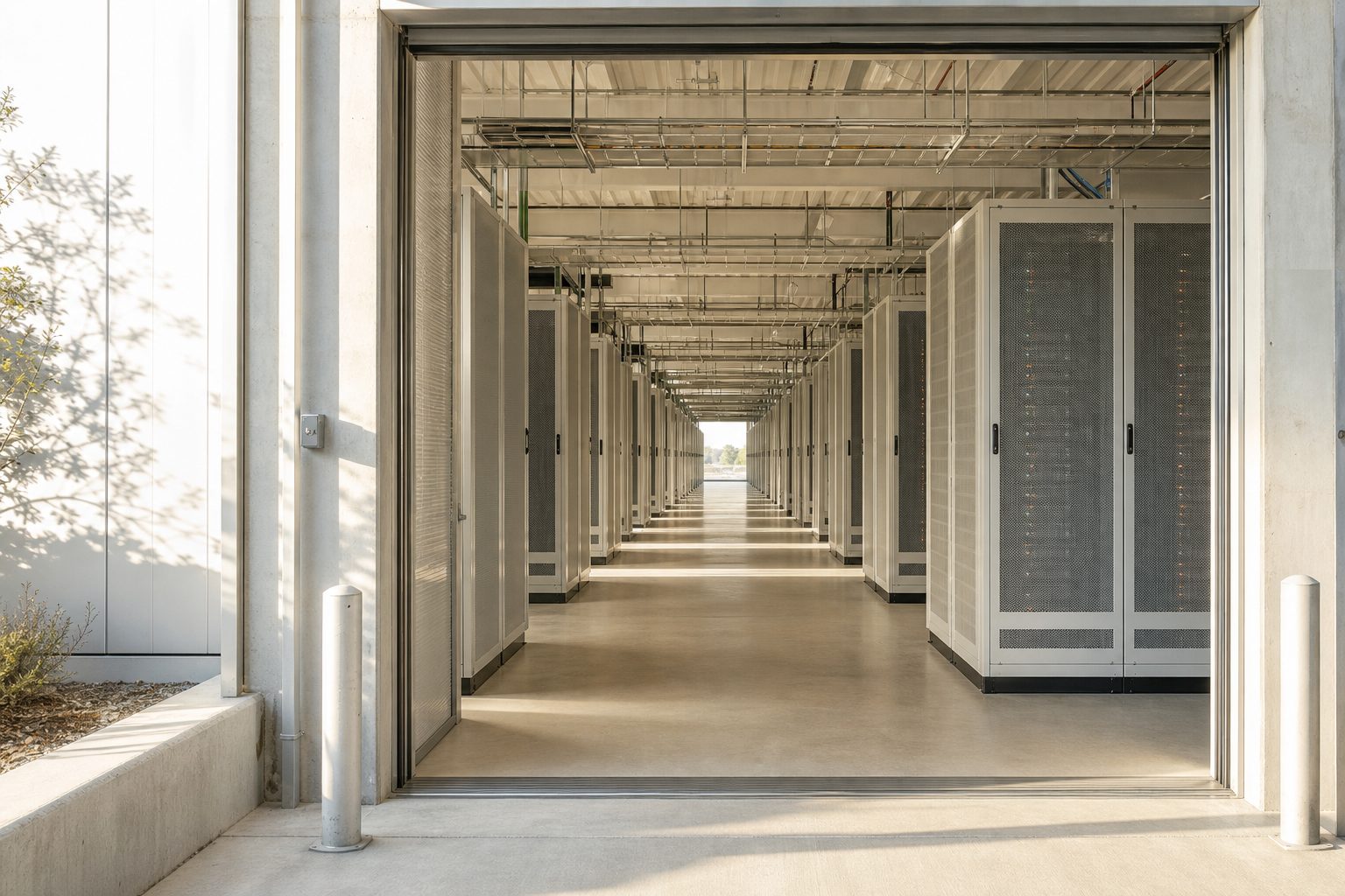 A data-centre aisle in daylight.