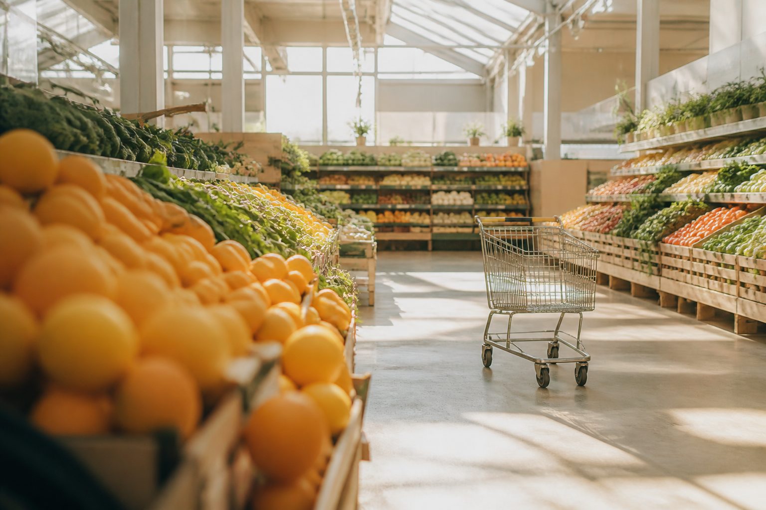 A supermarket aisle in morning light.