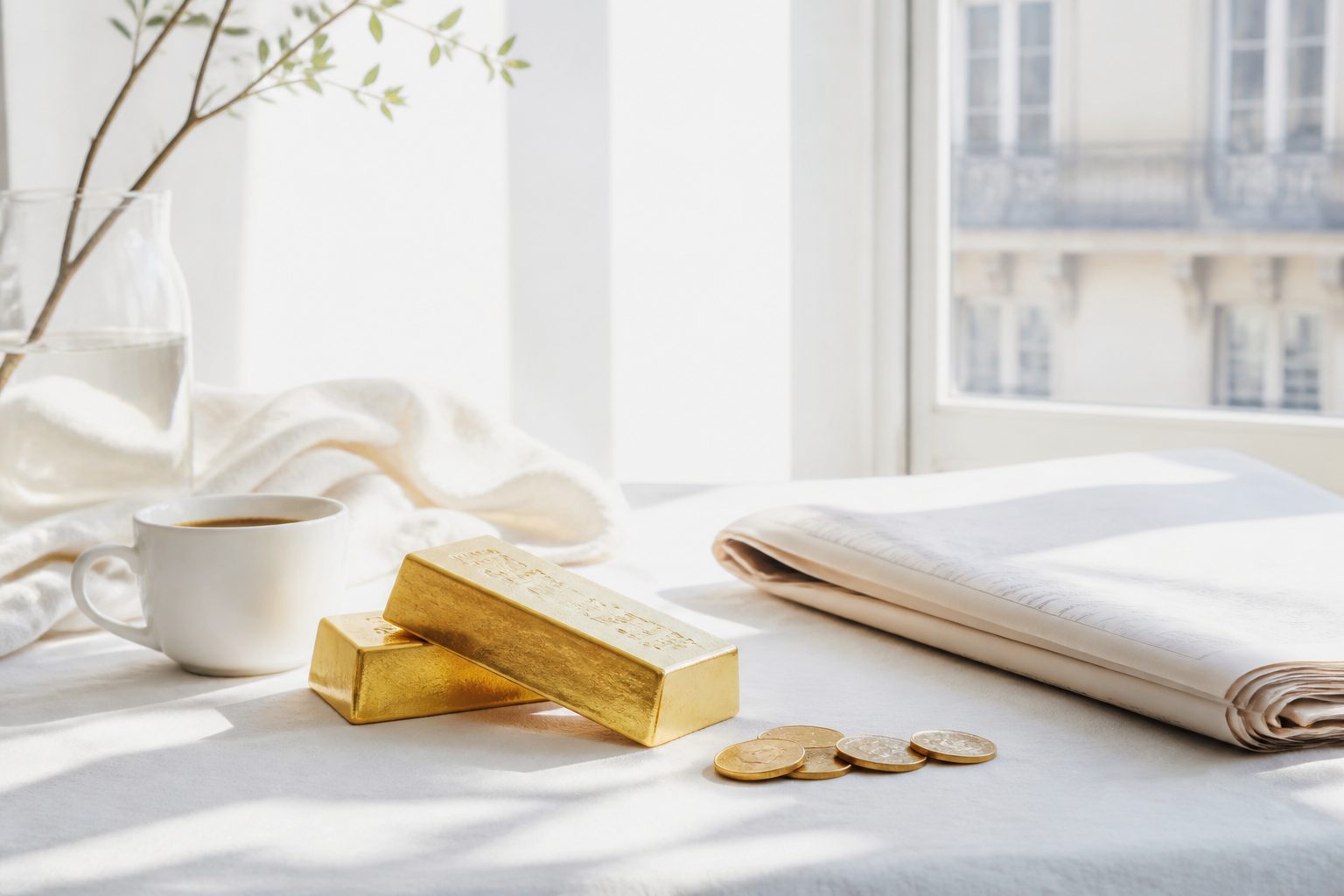 Two gold bars and a short row of coins on a white table beside a folded newspaper.