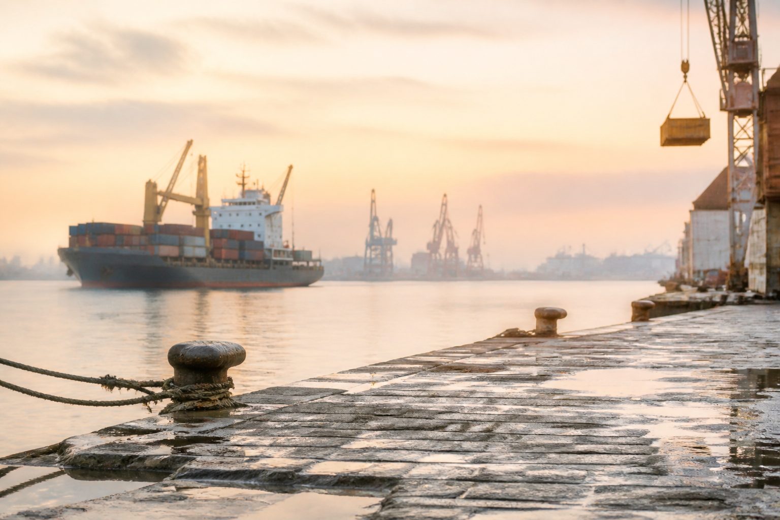 A container ship at a wet quay, cranes across the harbour.
