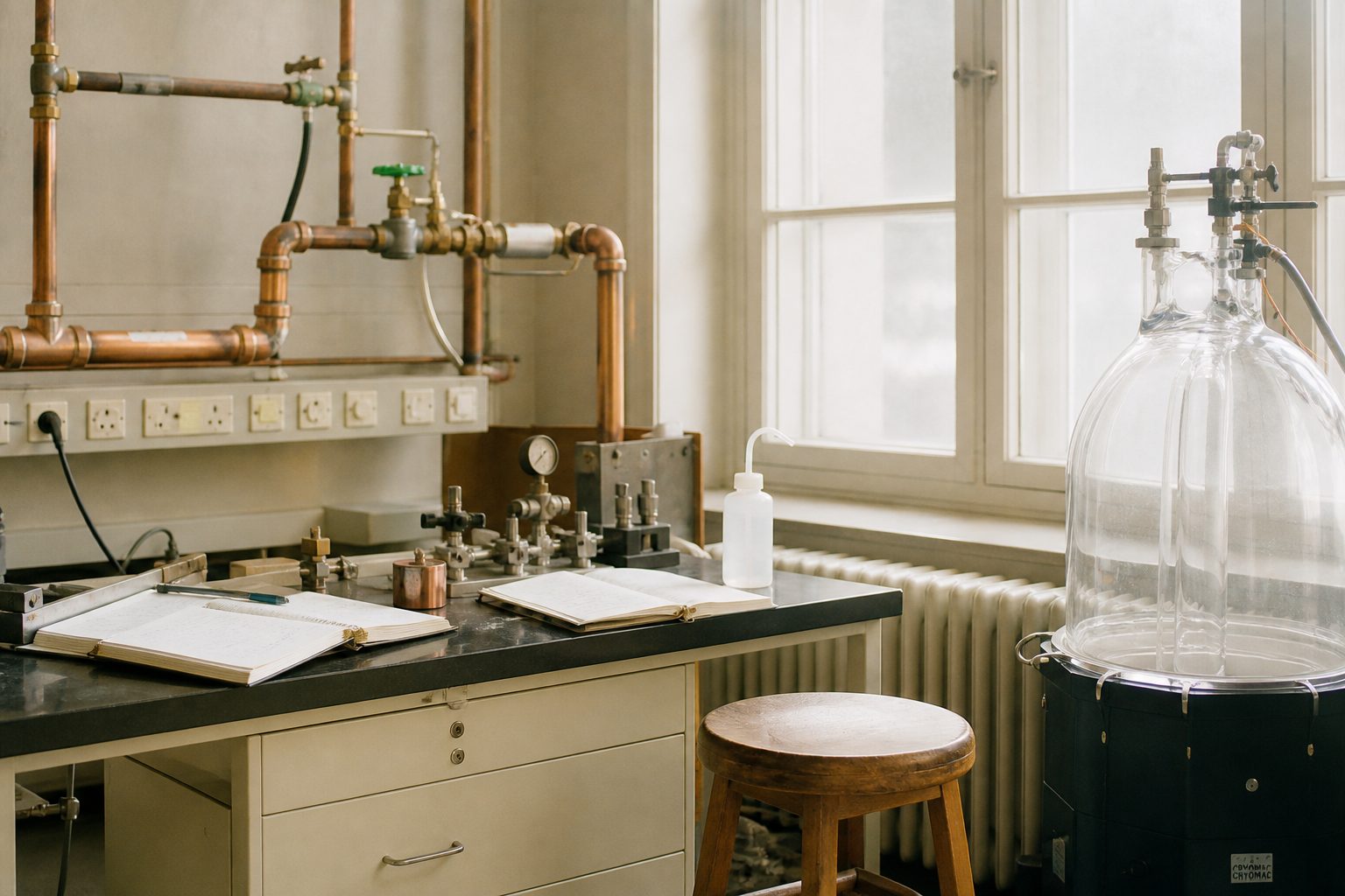Copper pipework, valves, and open notebooks on a lab bench by a window.