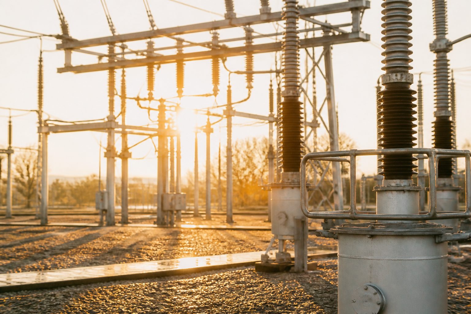 Insulators and busbars in a substation, sun through the steel.
