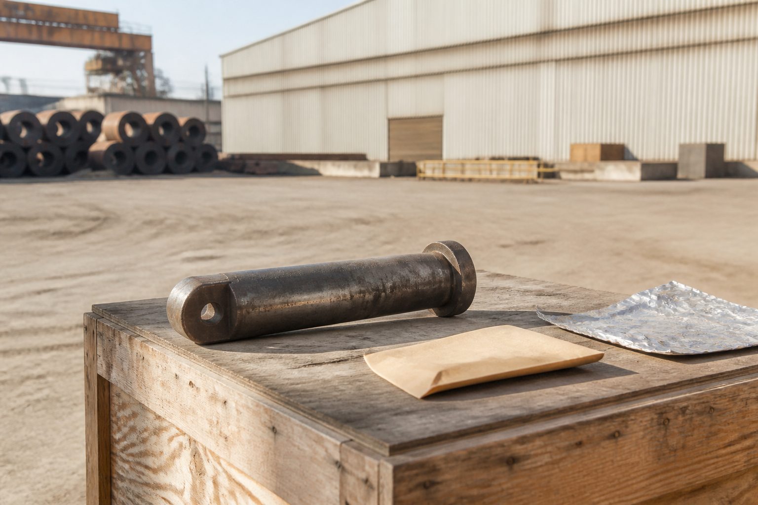 A pin and a crate in a yard, a gantry crane beyond the hall.