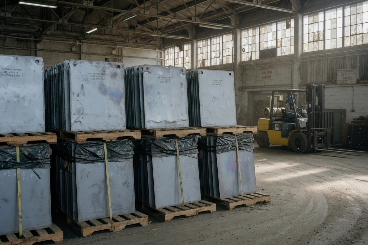 Grey cathode plates stacked on wooden pallets in a warehouse, a yellow forklift beyond them.