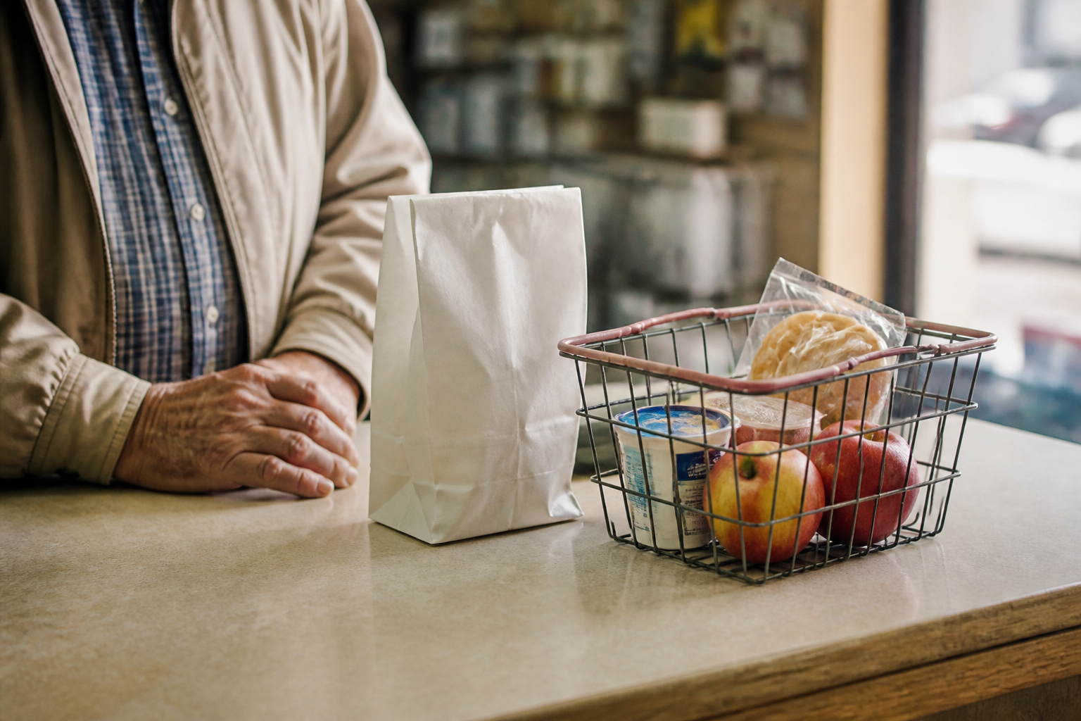 A white paper bag and a wire basket of apples on a shop counter, a customer standing at the left.