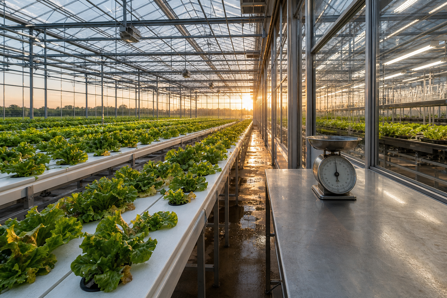 Hydroponic rows and a mechanical scale. Calories as a measured input.
