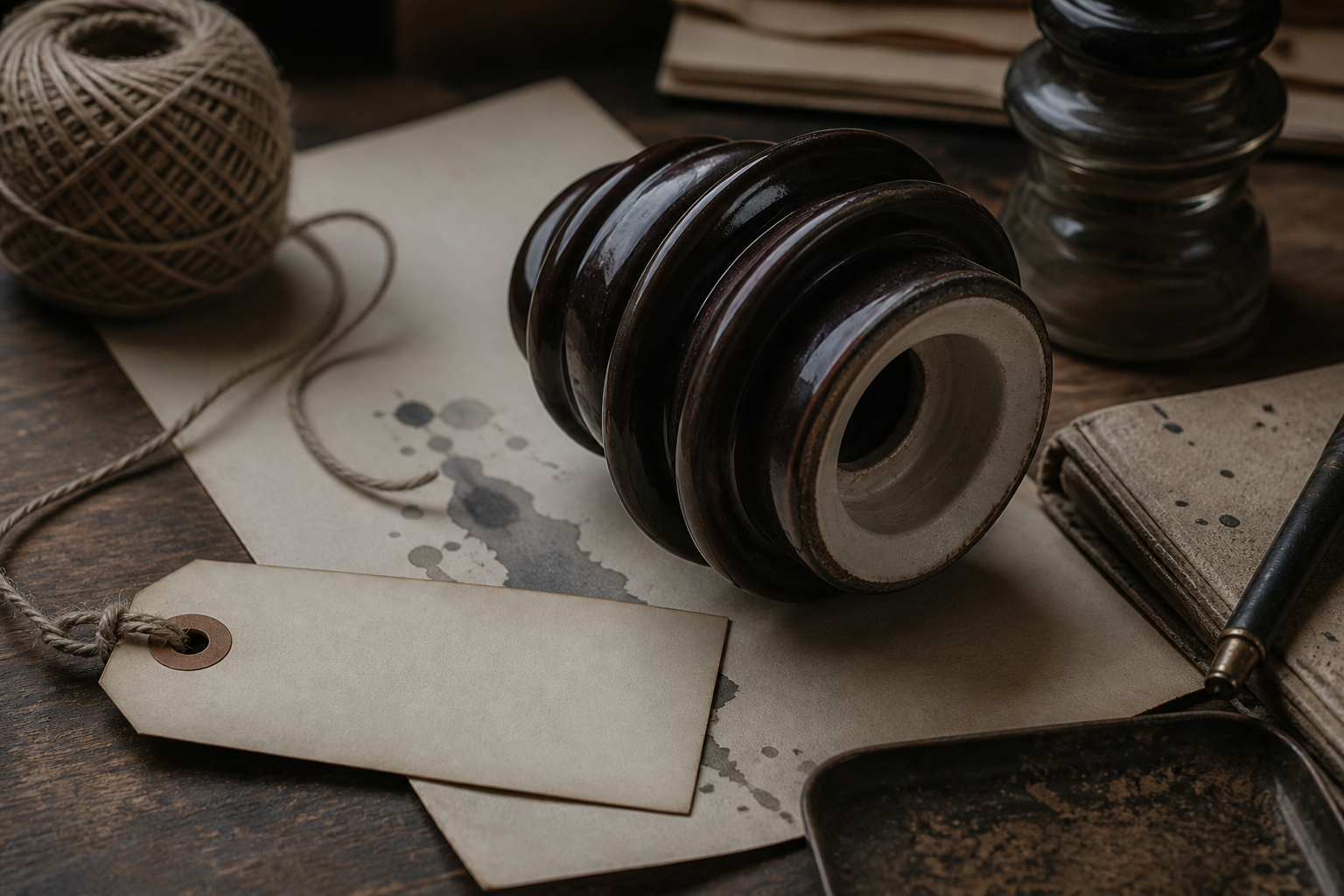 A porcelain insulator and a blank customs stamp.
