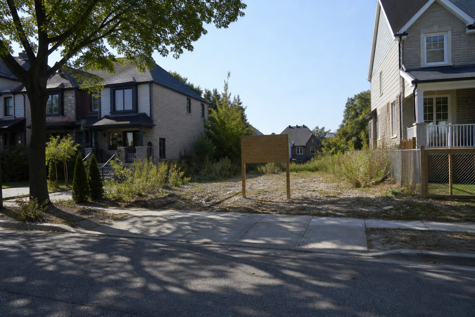A quiet street of similar houses and one empty lot at morning.