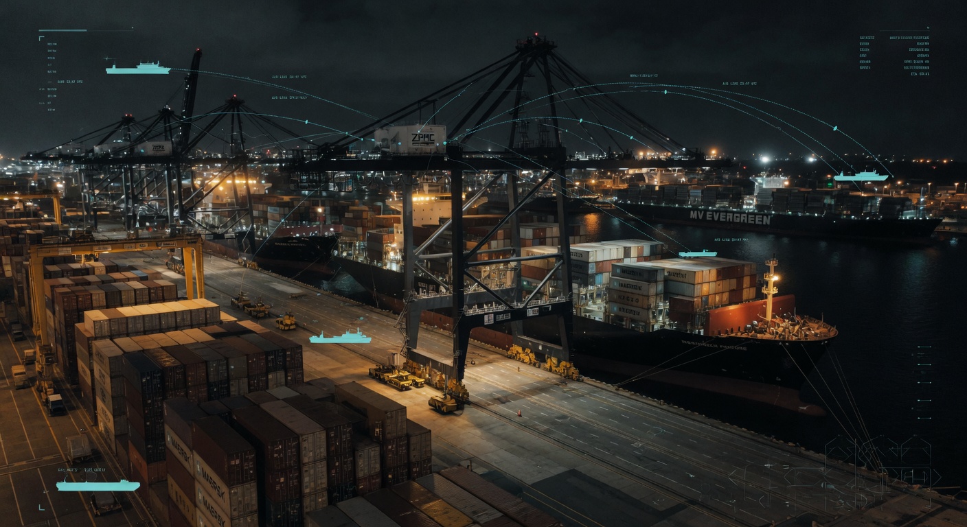 Cranes and hulls in a working port.