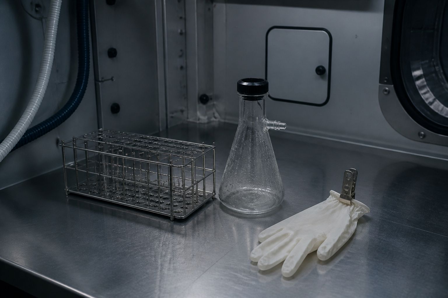 A clean lab bench under fluorescent light, unmarked glassware.