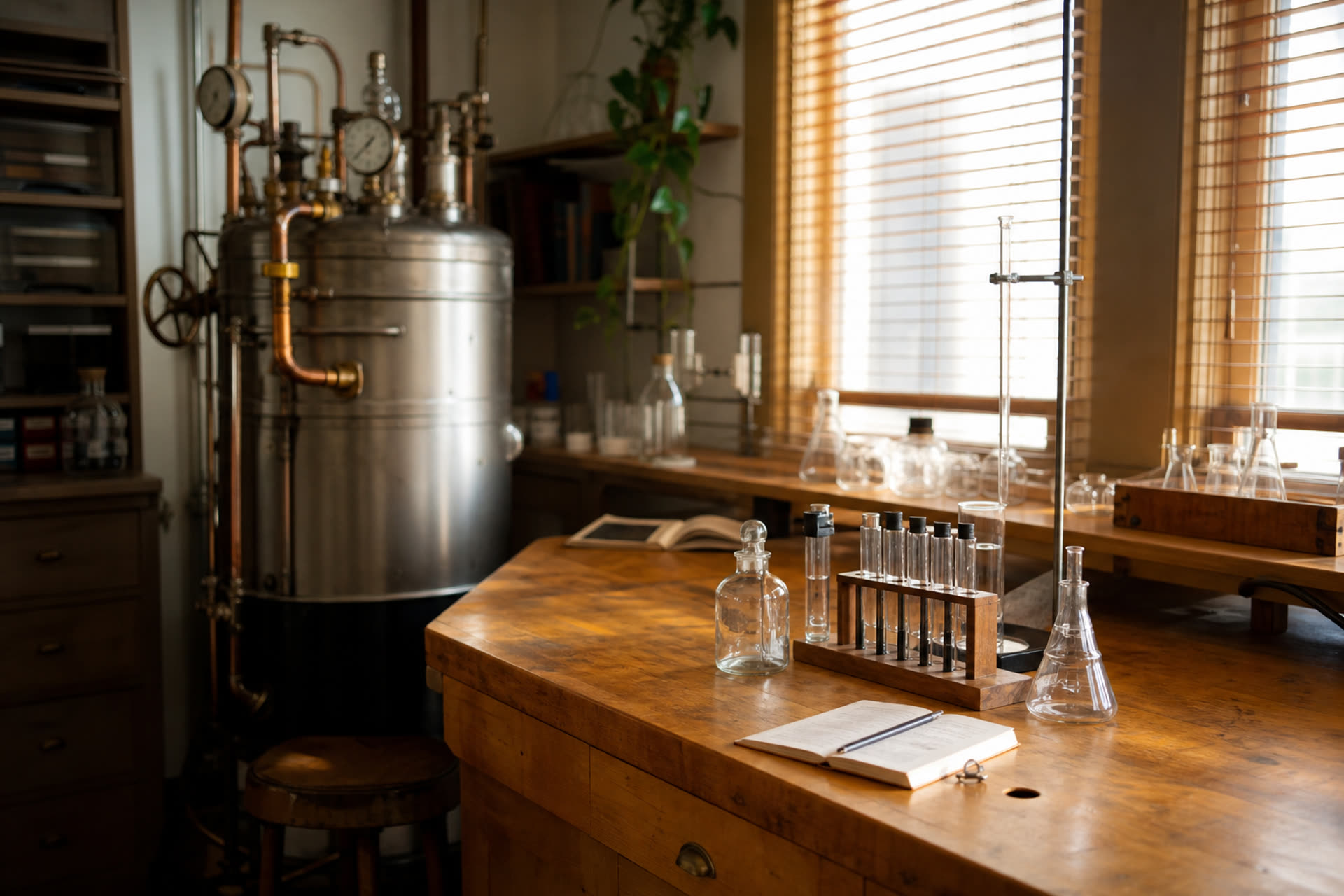 A steel vessel, copper pipe and glassware on a sunlit bench.