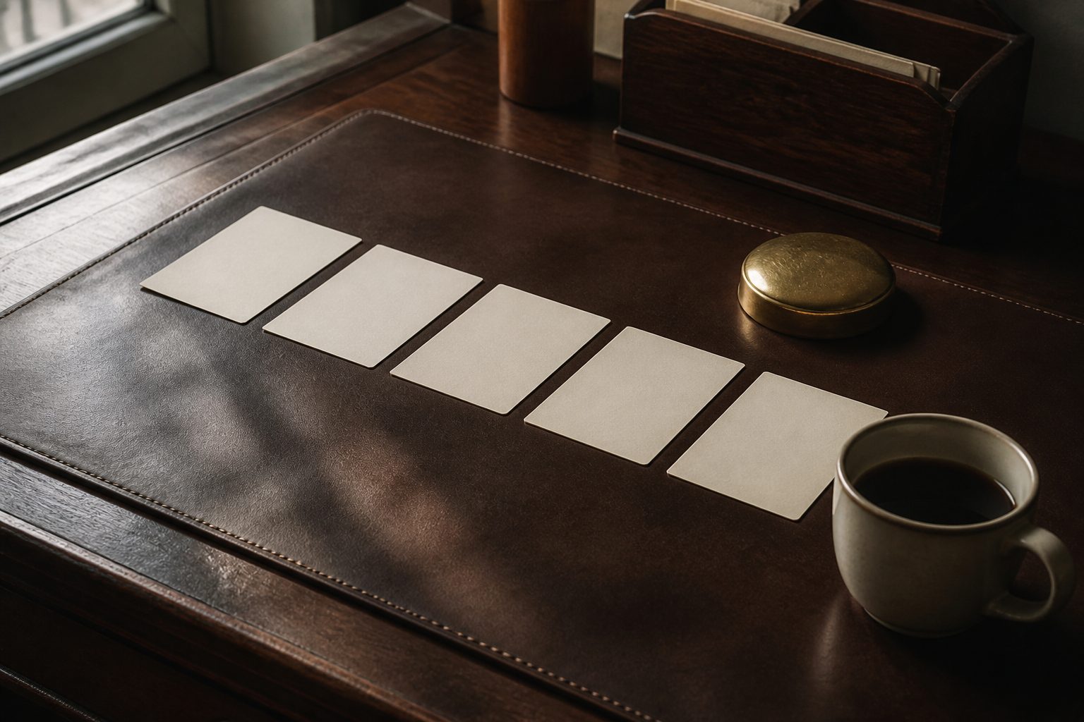 Five blank cards in a row on a dark leather blotter, a round brass weight and a coffee cup by a window, no logo.