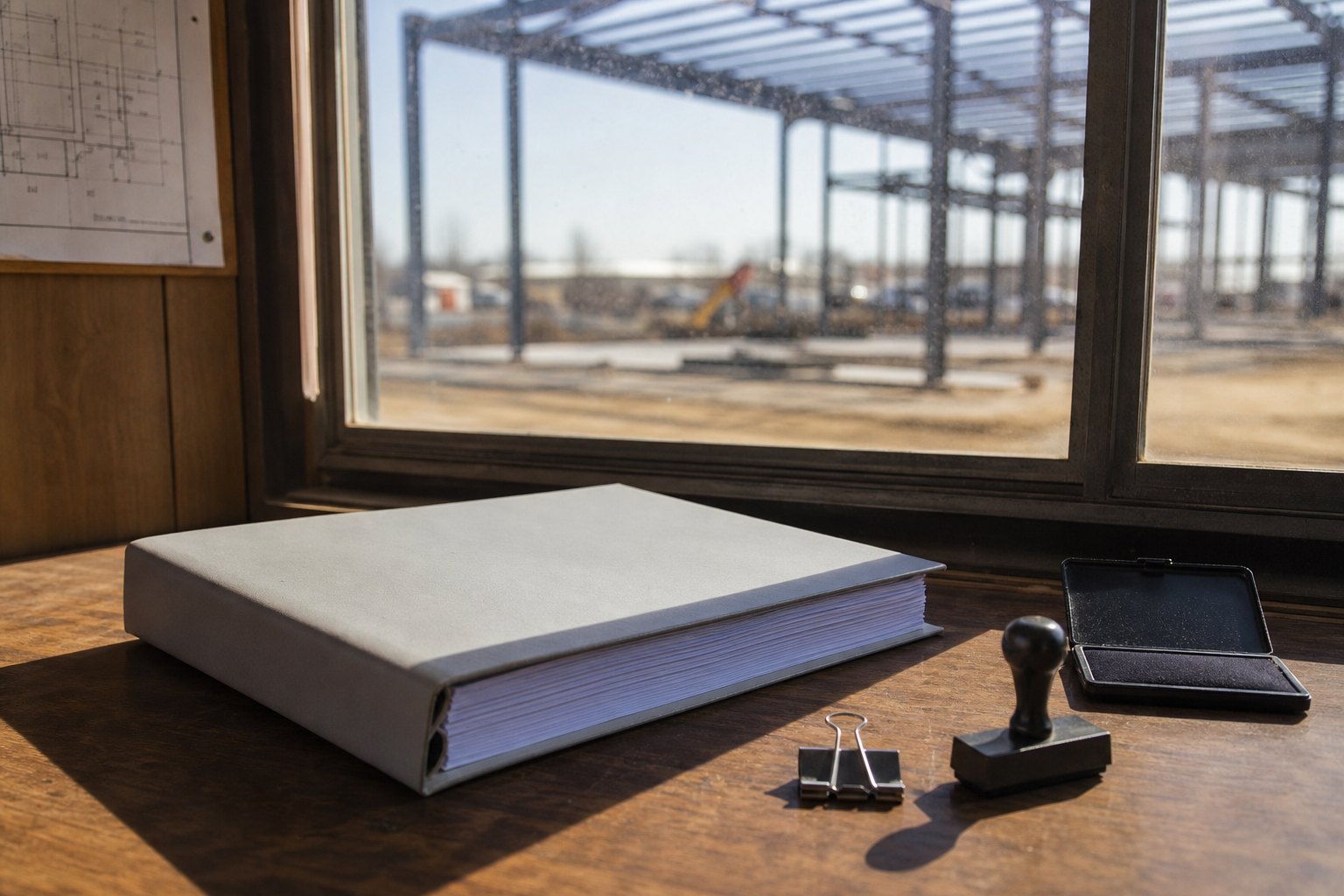 A blank policy jacket and an unused stamp on a site-office table, a steel frame beyond the window.