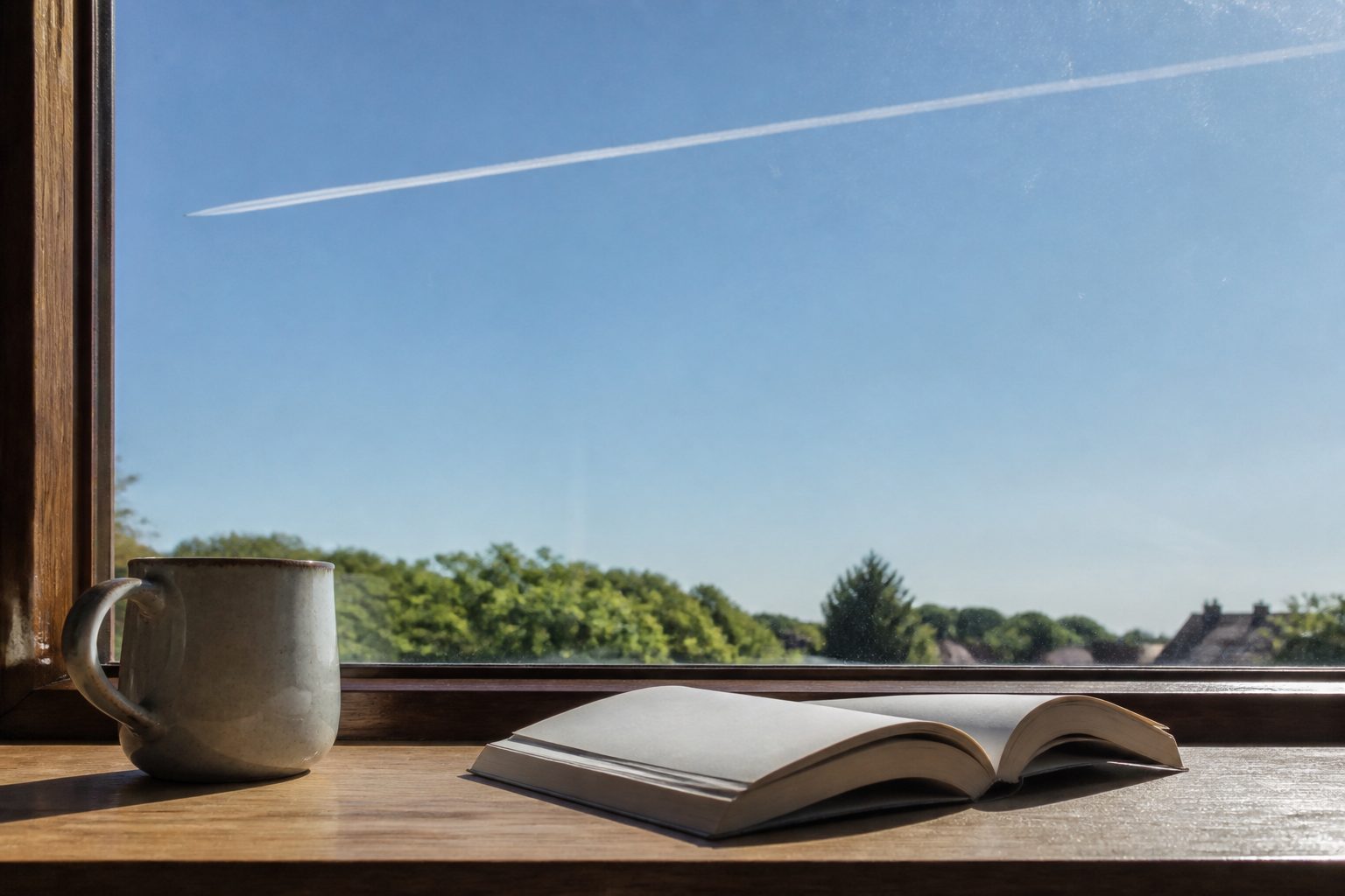 A mug and an open book on a windowsill, one contrail across a clear sky.