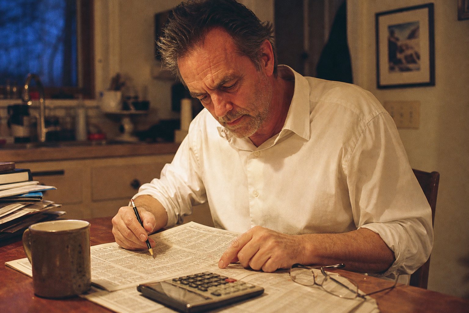 A man at the kitchen table, pencil on a yield, the paper open.