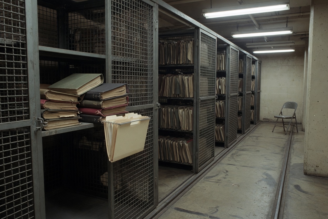 Bound ledgers stacked in an open steel mesh file cage, hanging folders on the door, an aisle of cages and a folding chair under fluorescent tubes.