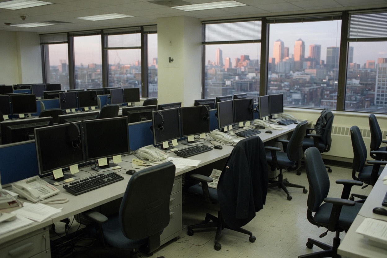 Empty desks and dark monitors in an office overlooking a city skyline, a jacket on a chair.