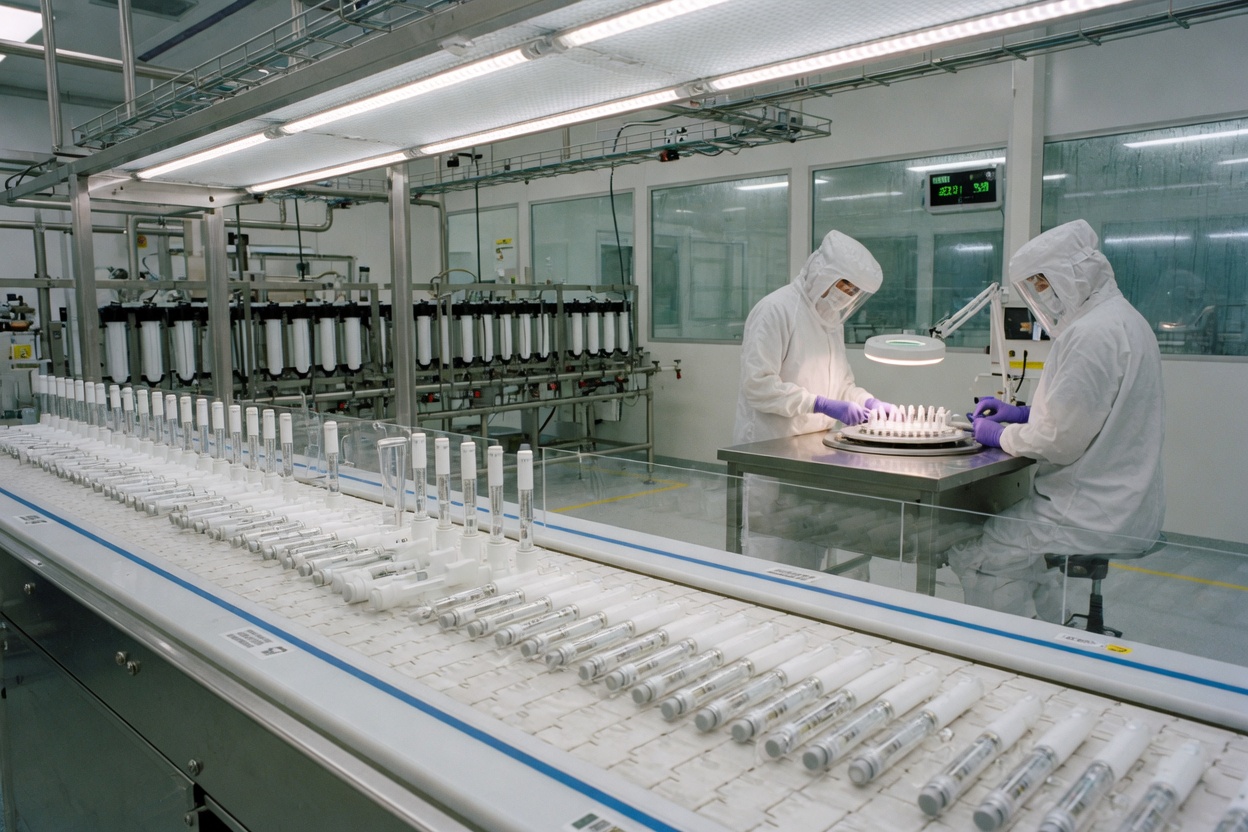 Two gowned operators in a clean room work a round table beside a conveyor of autoinjectors, no logo.