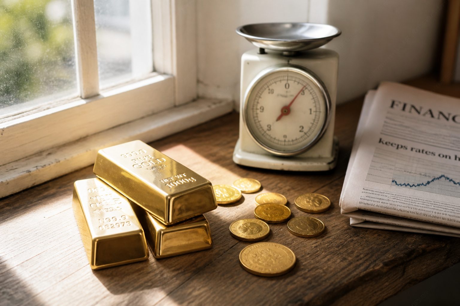 Gold bars and coins on a sunlit windowsill beside a small scale.