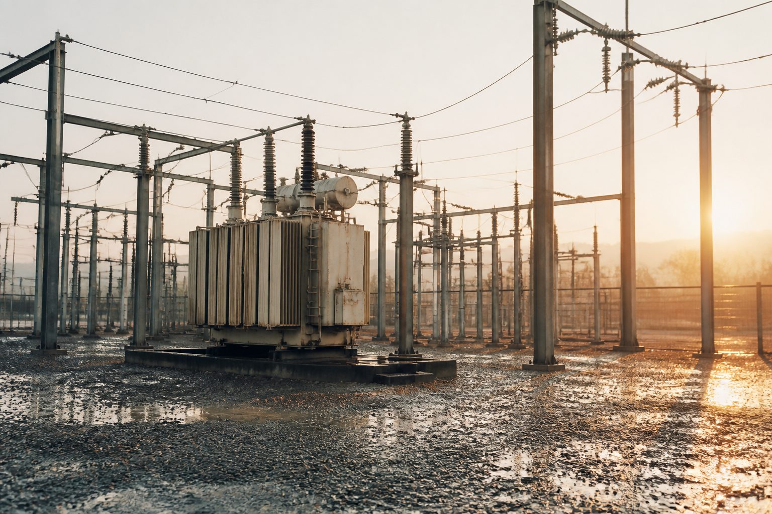 A transformer on wet gravel in a substation at last light.