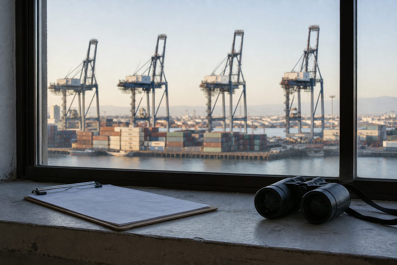 Four harbor cranes beyond a windowsill, clipboard and binoculars in the light.