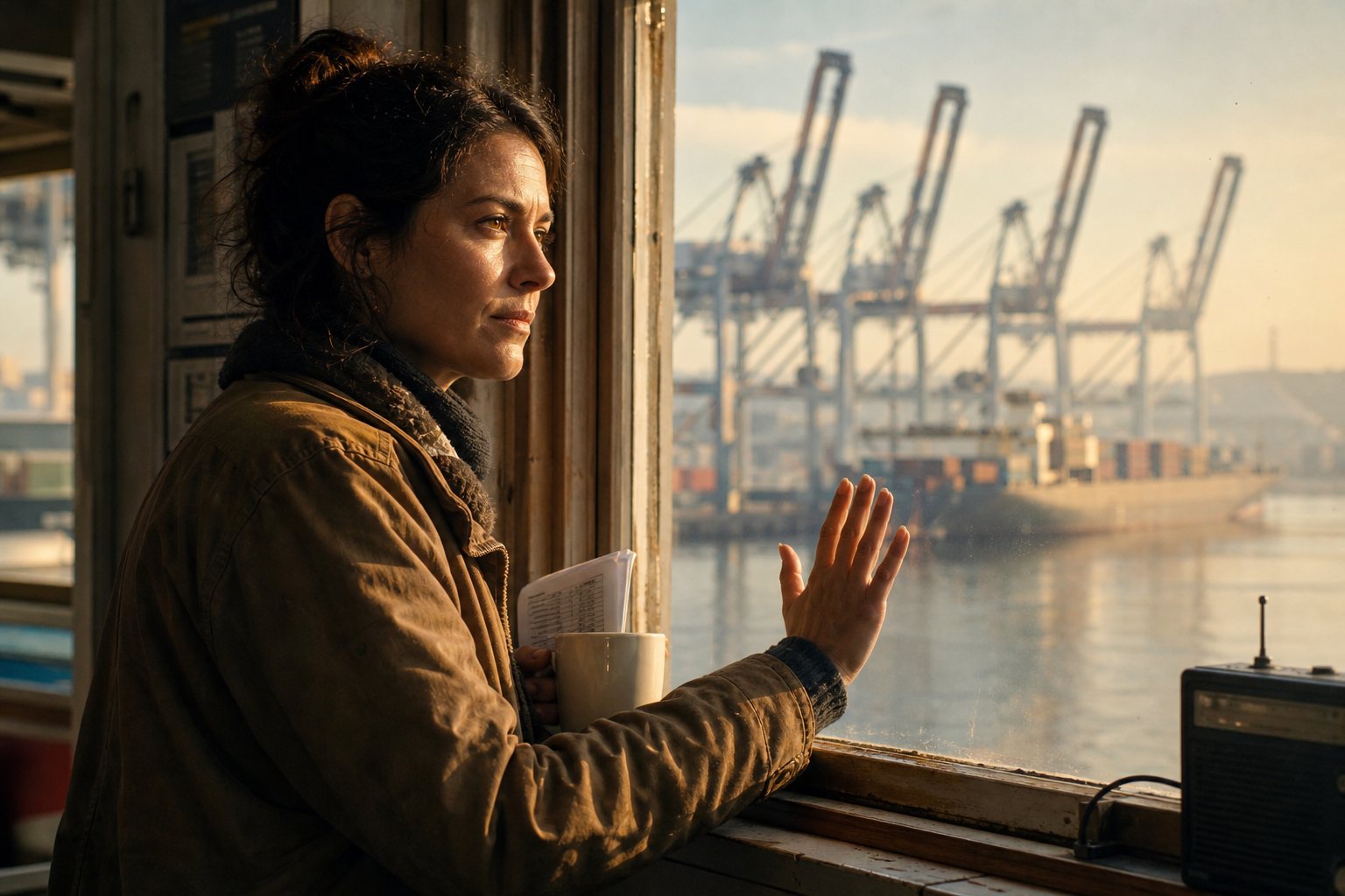 A harbour window, clipboard and cranes in daylight.