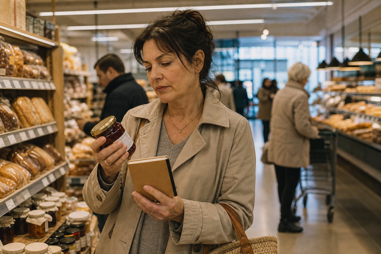 A shopper comparing a jar to a notebook in a grocery aisle.