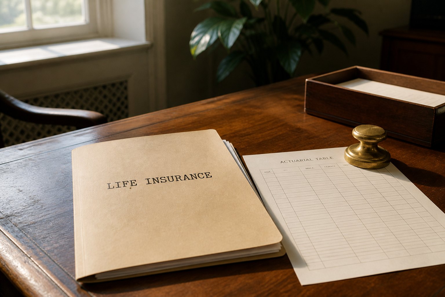 A LIFE INSURANCE folder beside a blank actuarial grid on a sunlit desk.