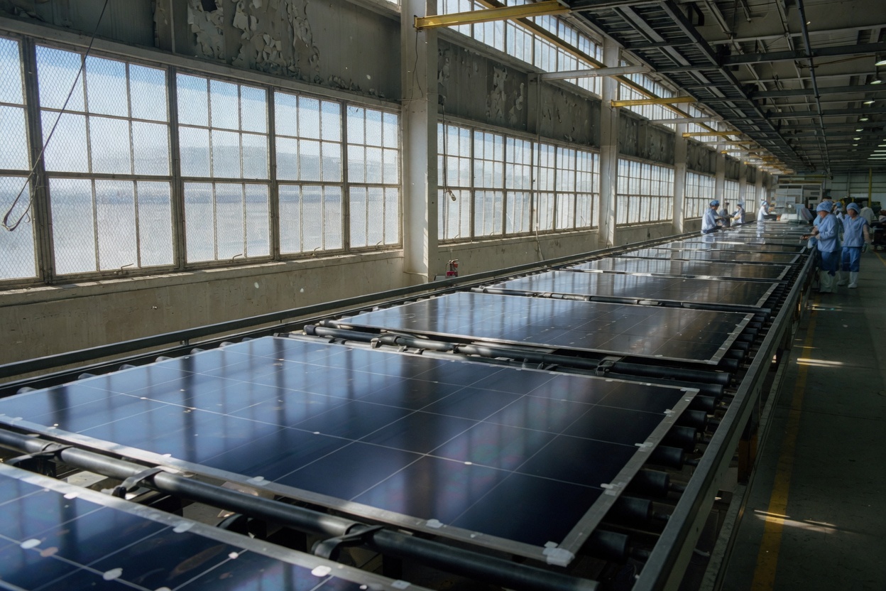 Dark solar modules on a roller line in a factory hall, crews in blue at the far end.