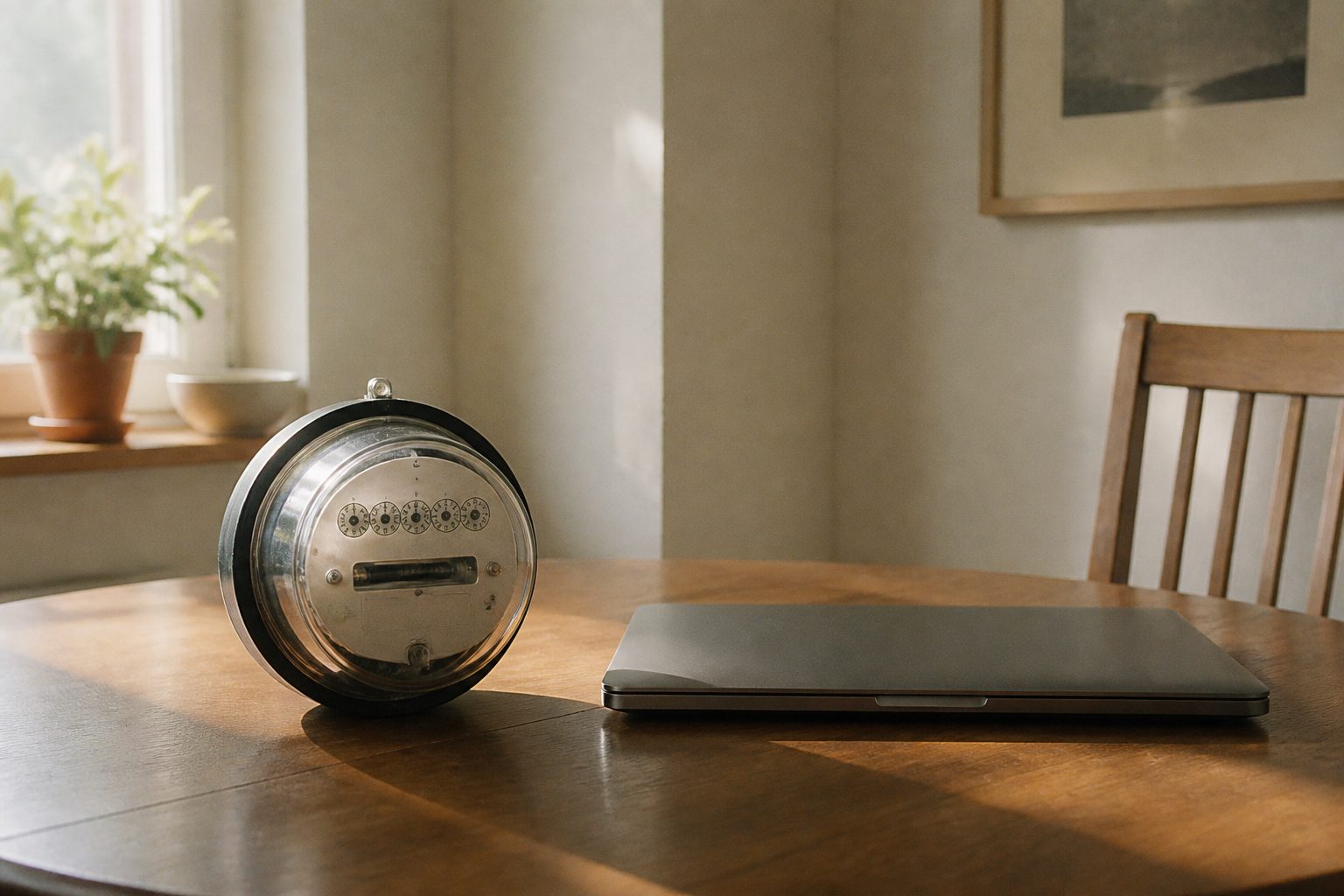 An analogue meter beside a closed laptop on a table.