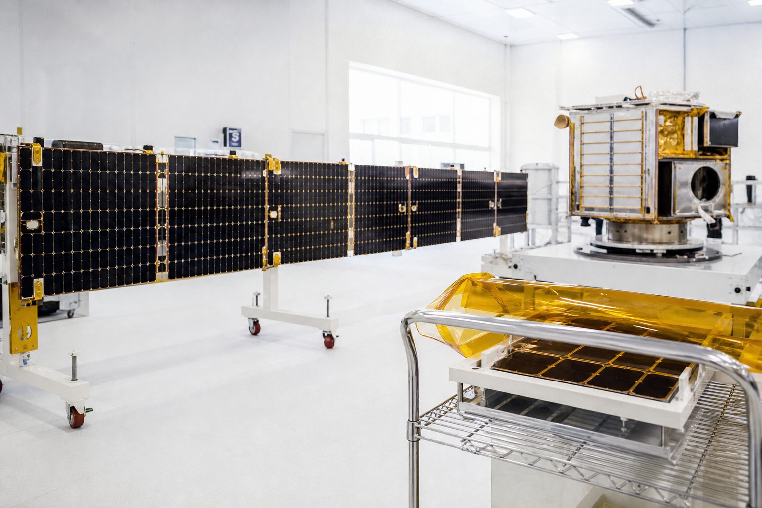 A satellite bus and a solar wing on a bright cleanroom floor.