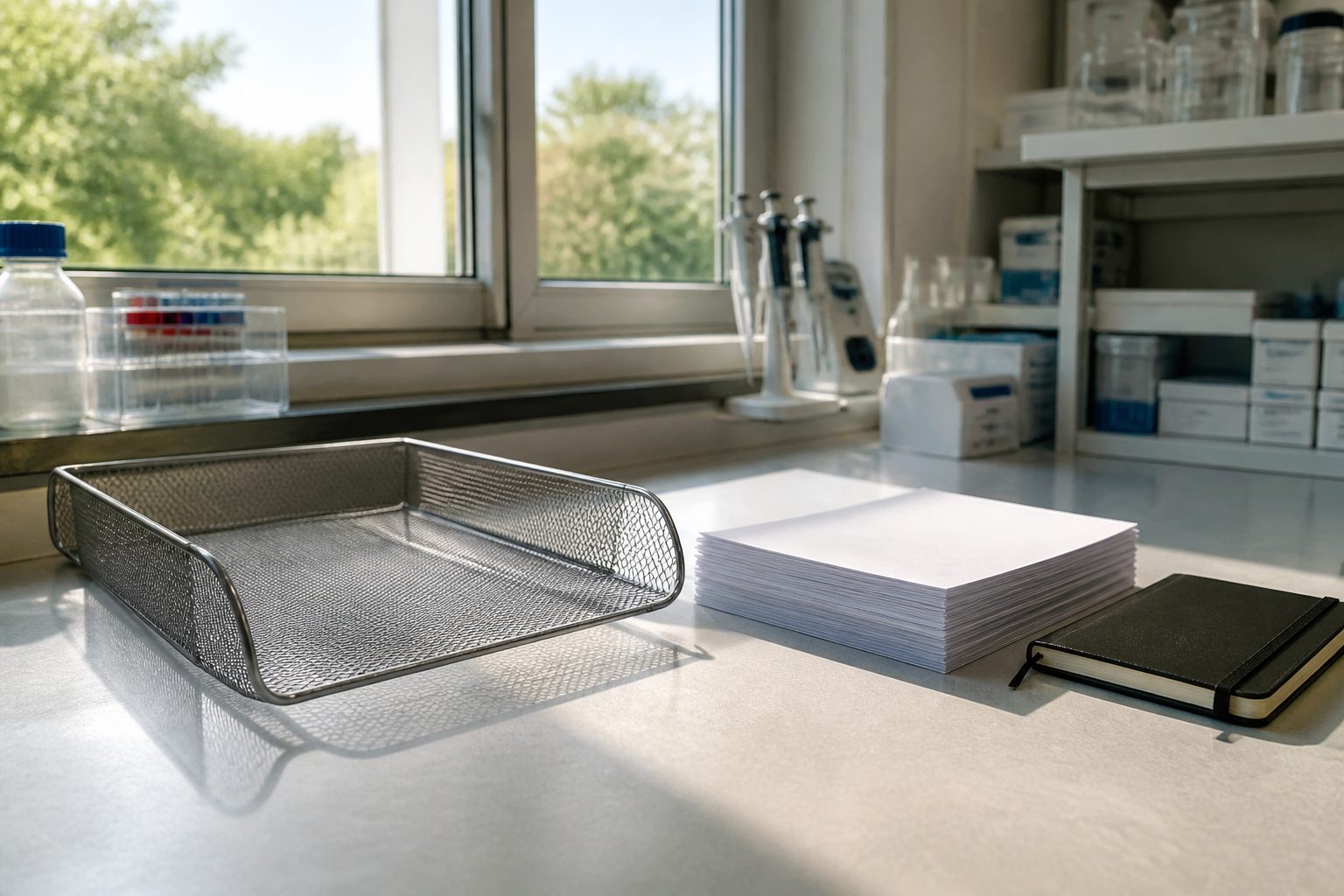An empty wire inbox, a blank stack of paper, and a closed notebook on a sunlit lab bench, window behind, no logo.