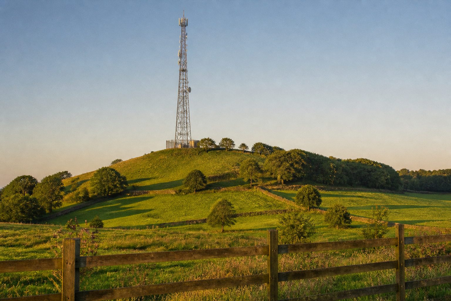 A rural cell tower on a green hill in late daylight.