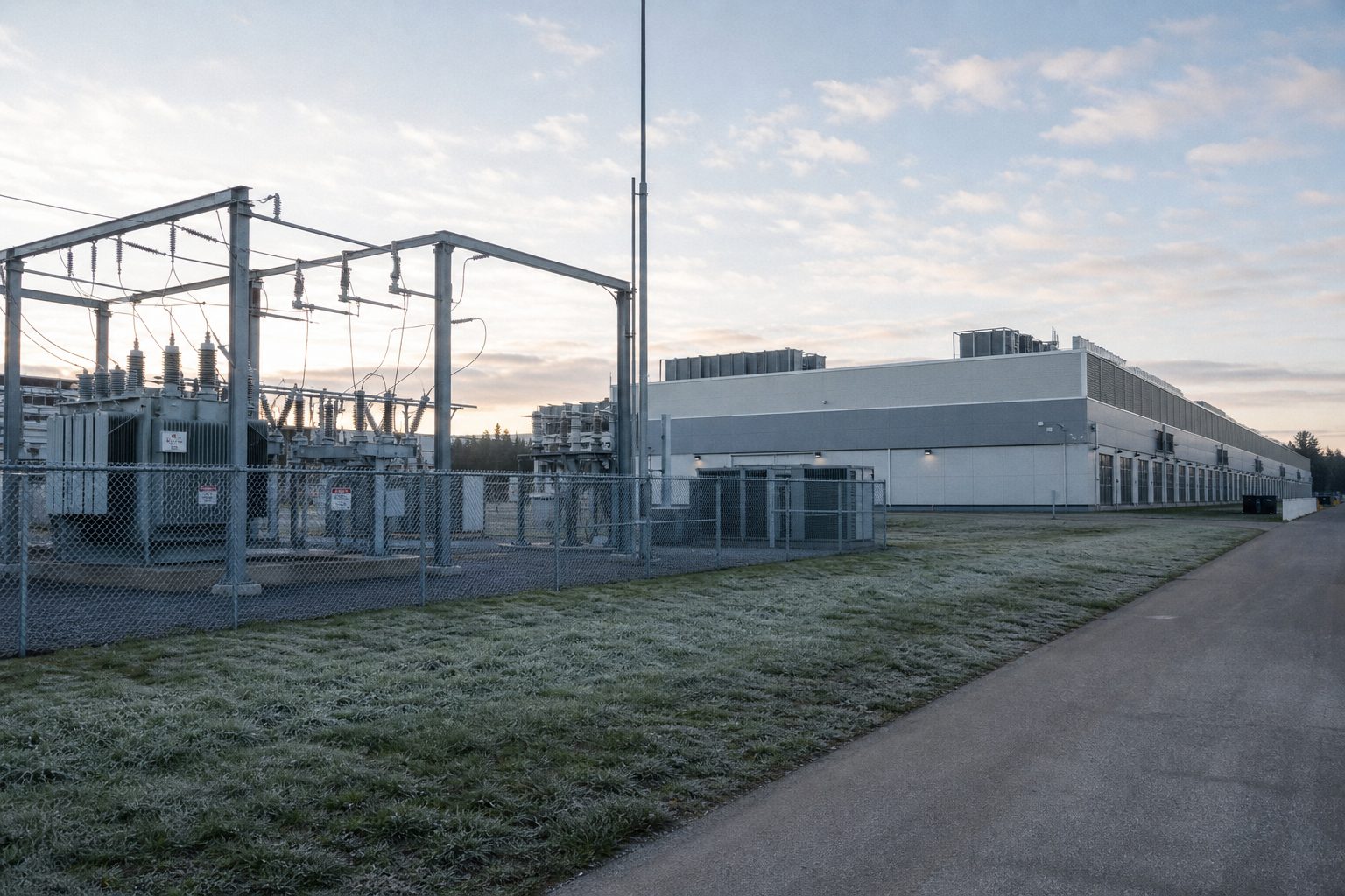 A substation and a long hall at first daylight, frost on the grass.