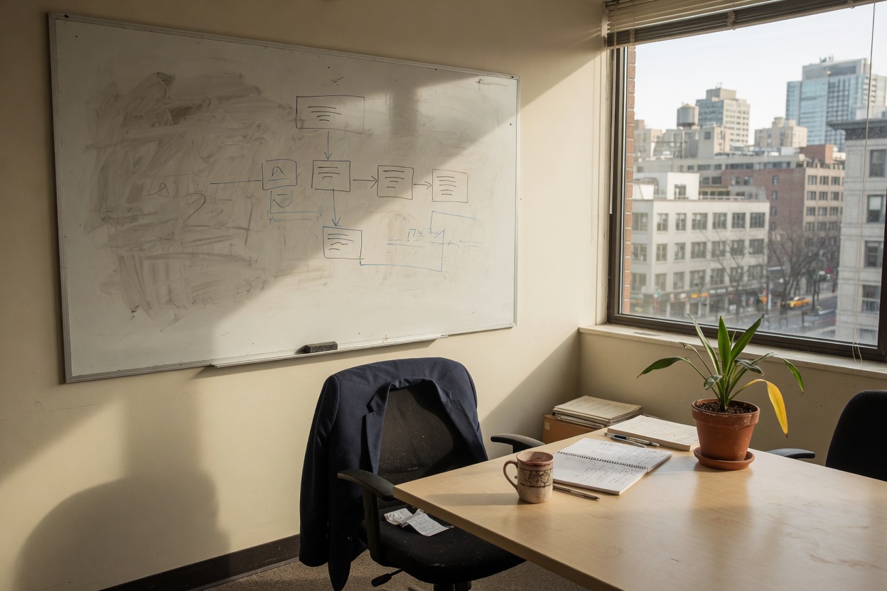 A sunlit whiteboard in an empty software office, markers on the tray.