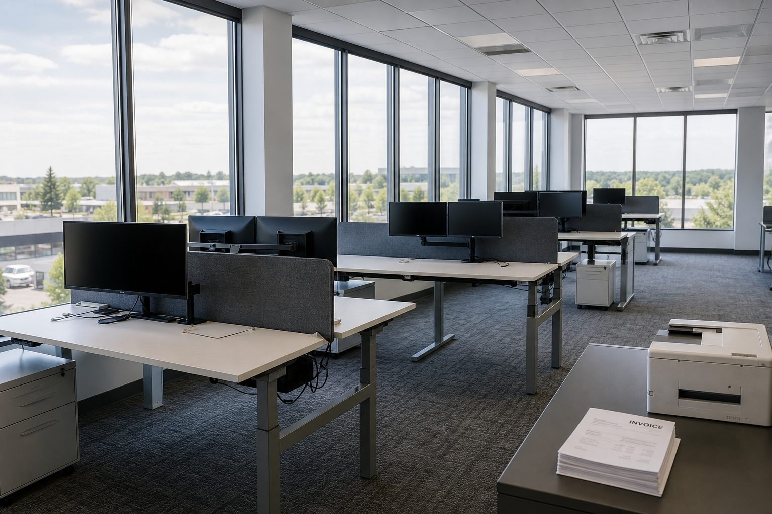 Empty white desks and dark monitors along a window wall, a white printer and a stack of invoice pages in the foreground, no logo.