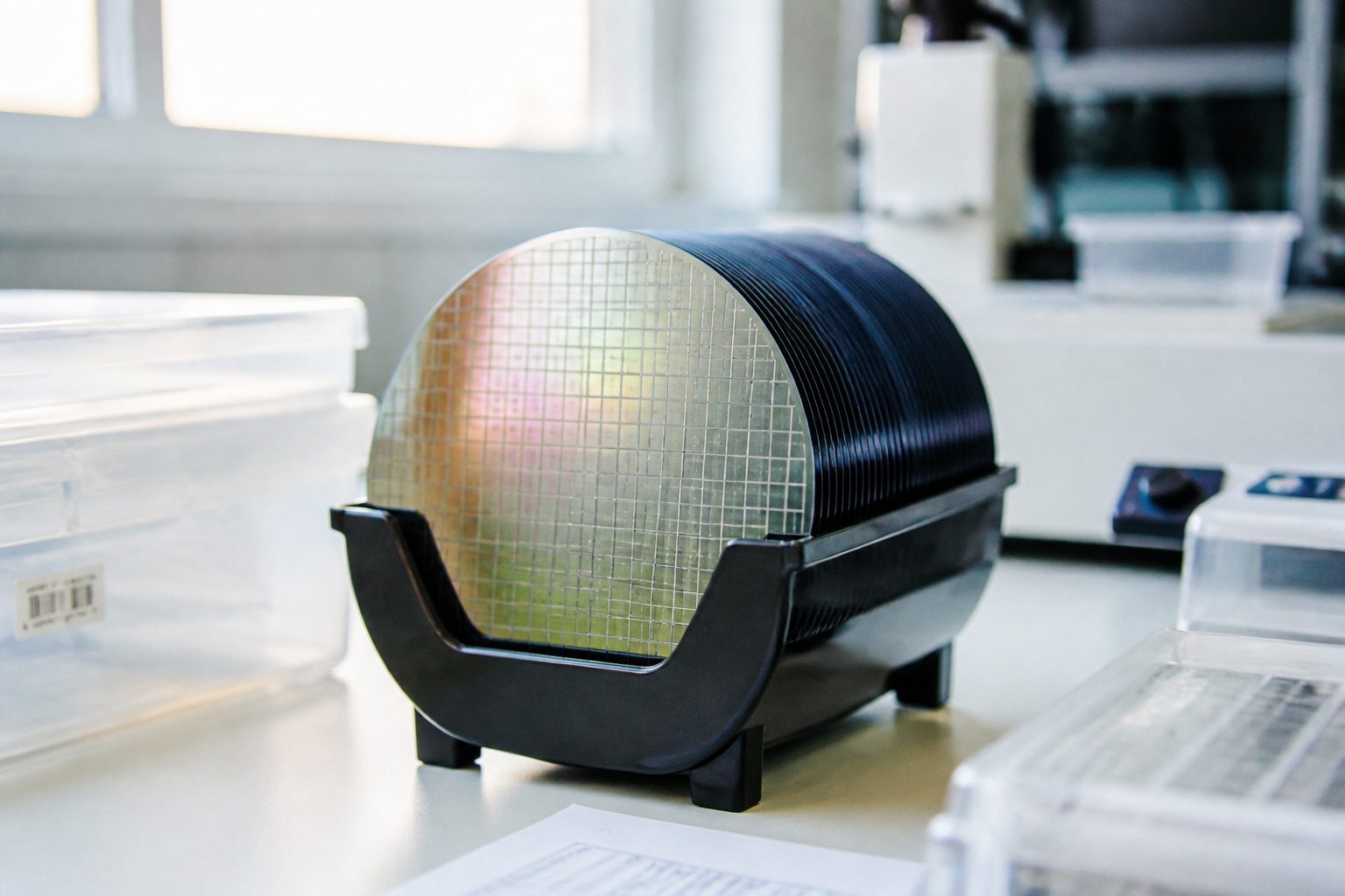 A black wafer boat packed with unmarked wafers on a white lab bench.