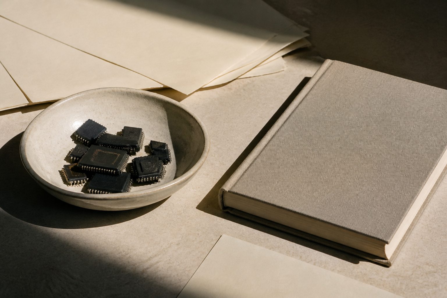 A ceramic bowl of unmarked black packages beside a closed cloth-bound book and blank sheets.
