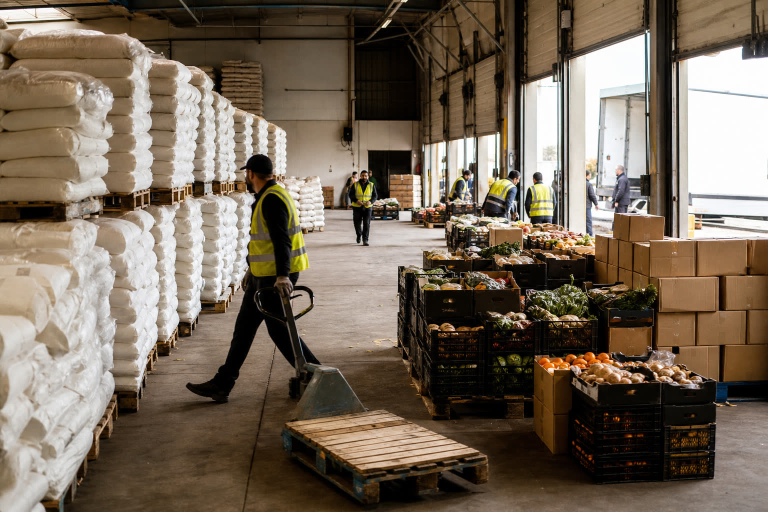 Sacks and produce crates in a food warehouse, a truck at the dock.